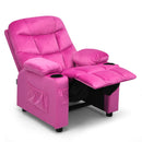 Pink kids recliner chair with cup holders, adjustable backrest, and side pockets for comfort and convenience.