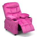 Kids youth recliner chair in vibrant pink, featuring plush velvet fabric, wide armrests, and built-in cup holders for.