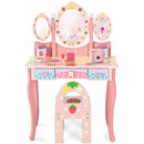 Kids pink vanity table and chair set with 360° rotating mirror, 3 drawers, and detachable top for versatile use.
