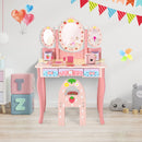 Kids pink vanity table and chair set with tri-fold mirror, 3 drawers, and detachable top for versatile use.