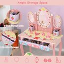 Kids pink vanity table set with 360° rotating mirror, 3 drawers, and 2 small storage grids for makeup and accessories.
