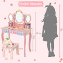 Kids pink vanity table and chair set with 360° rotating mirror, featuring three drawers for storage and a detachable.