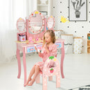 Kids princess vanity table set in pink with 360° rotating mirrors, perfect for makeup and study activities.