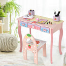 Kids vanity table and chair set in pink with 360° rotating mirror, perfect for makeup and study activities.