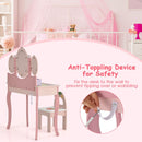 Kids pink vanity table set with 360° rotating mirror, anti-toppling device, and storage drawers for safe play.