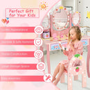 Kids pink vanity table and chair set with 360° rotating mirror, durable MDF, and large storage space for makeup.