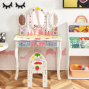 Kids princess vanity table and chair set with 360° rotating mirror, featuring three drawers and a detachable top for.