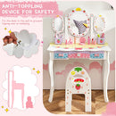 Kids princess vanity table set with 360° rotating mirror, durable MDF, and anti-toppling device for safety.