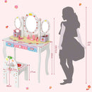 Kids princess vanity table and chair set with 360° rotating mirror, made of durable MDF, perfect for play and study.