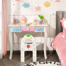 Kids vanity table and chair set in white with 360° rotating mirror, perfect for makeup and study activities.