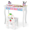 Kids vanity table and chair set in white with tri-fold mirror, 3 drawers, and cute strawberry design for play and study.