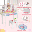 Kids princess vanity table set with 360° rotating mirror, three drawers, and cute design for play and study.