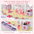 Kids princess vanity table set with 360° rotating mirror, featuring 3 drawers and 2 storage grids for beauty essentials.