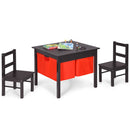 Kids activity table set with two chairs and storage drawers, featuring a double-sided panel for building and drawing.