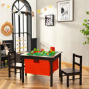 Kids activity table and chair set with storage drawers, featuring a double-sided panel for building and drawing.