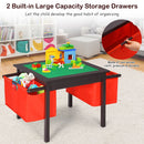 Kids activity table with two red storage drawers, double-sided panel for building and drawing, made of durable MDF.