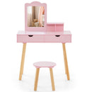 Kids' pink vanity table with detachable mirror and two large drawers, made of durable MDF and pine wood for stability.