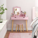 Kids' pink wood vanity table with detachable mirror and two large drawers, perfect for beauty and study essentials.