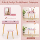 Kids' pink vanity table with detachable mirror and two large drawers, perfect for beauty and study activities.