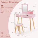 Kids wood vanity table and stool set in pink with rectangular mirror and two large drawers, perfect for ages 3-7.
