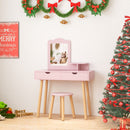 Kids' pink wood vanity table and stool with mirror, featuring two large drawers for storage, perfect for play or study.