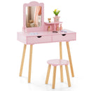 Kids' pink wood vanity table with rectangular mirror and two large drawers, perfect for beauty and study activities.