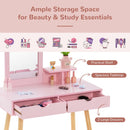 Kids pink wood vanity table with 2 large drawers and a rectangular mirror, perfect for beauty and study essentials.