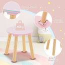 Pink kids' vanity stool with solid pine wood legs, designed for stability and easy cleaning, perfect for play and study.