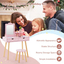 Kids' pink wood vanity table with rectangular mirror and 2 large drawers, perfect for beauty and study essentials.