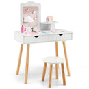 Kids' 2-in-1 vanity set with rectangular mirror, two large drawers, and natural pine wood legs for versatile use.