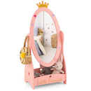 Cute pink kids dressing mirror with crown design and 360° rotation, featuring smooth edges for safety and added storage.