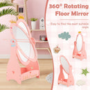Pink 360° rotating kids dressing mirror with storage shelf and hooks, designed for safety and convenience in dressing.