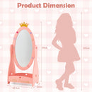 Kids freestanding dressing mirror in pink with 360° rotatable design, featuring a storage shelf and side hooks for.
