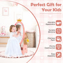 Kids freestanding dressing mirror in pink with 360° rotatable design, featuring storage shelf and crown decor for.