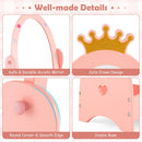 Freestanding pink dressing mirror with 360° rotation, crown design, and storage shelf for kids' accessories.
