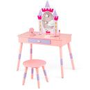 Princess makeup dressing table set in pink with castle-shaped mirror, spacious drawer, and sturdy stool for kids.