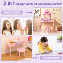 Princess pink vanity table with detachable mirror and stool, featuring spacious storage for kids' accessories and safe.
