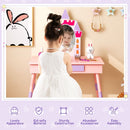 Princess makeup dressing table in pink with mirror, spacious drawer, and cute accessories for kids' play and creativity.