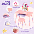 Princess makeup dressing table in pink with real silver mirror, large drawer, and stool for kids' play and storage.