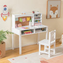 Kids Table and Chair Set, Students Study Desk w/Chair, Hutch, Cork Bulletin Board, Bookshelf & Drawers - White