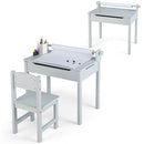 Kids sensory table set in grey with paper roll holder, storage space, and sturdy chair for drawing and studying.