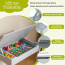 Kids sensory table set in grey with lift-up tabletop, storage space, and paper roll holder for drawing and play.
