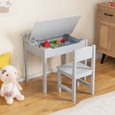 Kids sensory table set in grey with storage, paper roll holder, and chair for drawing and playing activities.