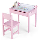Kids pink table and chair set with paper roll holder and storage, perfect for drawing and playing activities.