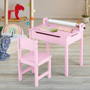 Kids pink table and chair set with paper roll holder, storage space, and safety features for drawing and playing.