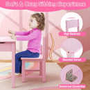 Kids pink chair with high backrest and rounded corners, designed for safe sitting during drawing and play activities.