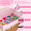 Kids sensory table set in pink with lift-up tabletop, storage space for stationery, and safety features for playtime.
