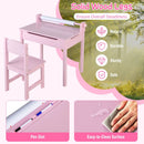 Kids sensory table set in pink with solid wood legs, featuring a paper roll holder and storage for drawing and studying.