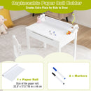Toddler activity table with paper roll holder, featuring a removable paper roll and two markers for creative play.
