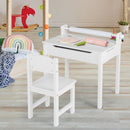 Toddler activity table and chair set in white with paper roll holder, ideal for drawing and studying in kids' room.